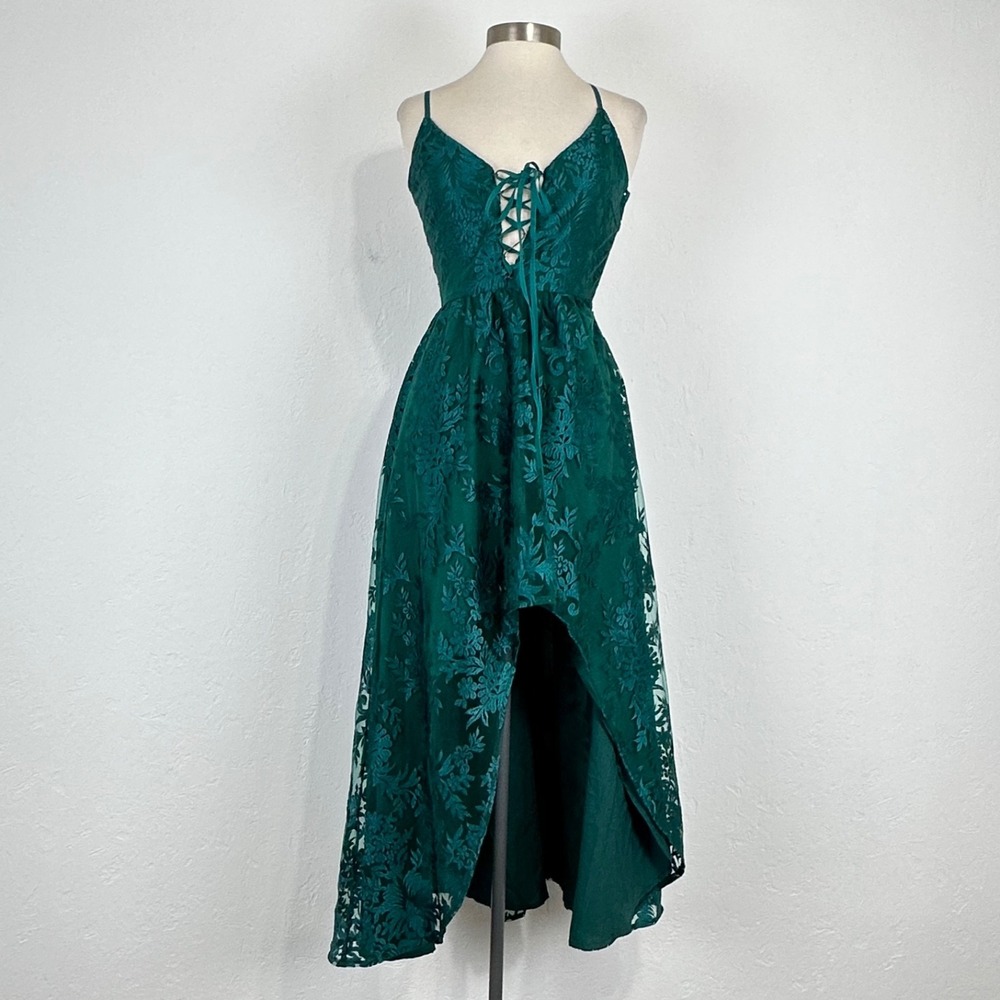 Fairy Ethereal Romantic Hoco Dress Sz XXS Green Lace Corset Asymmetrical Hi-Low